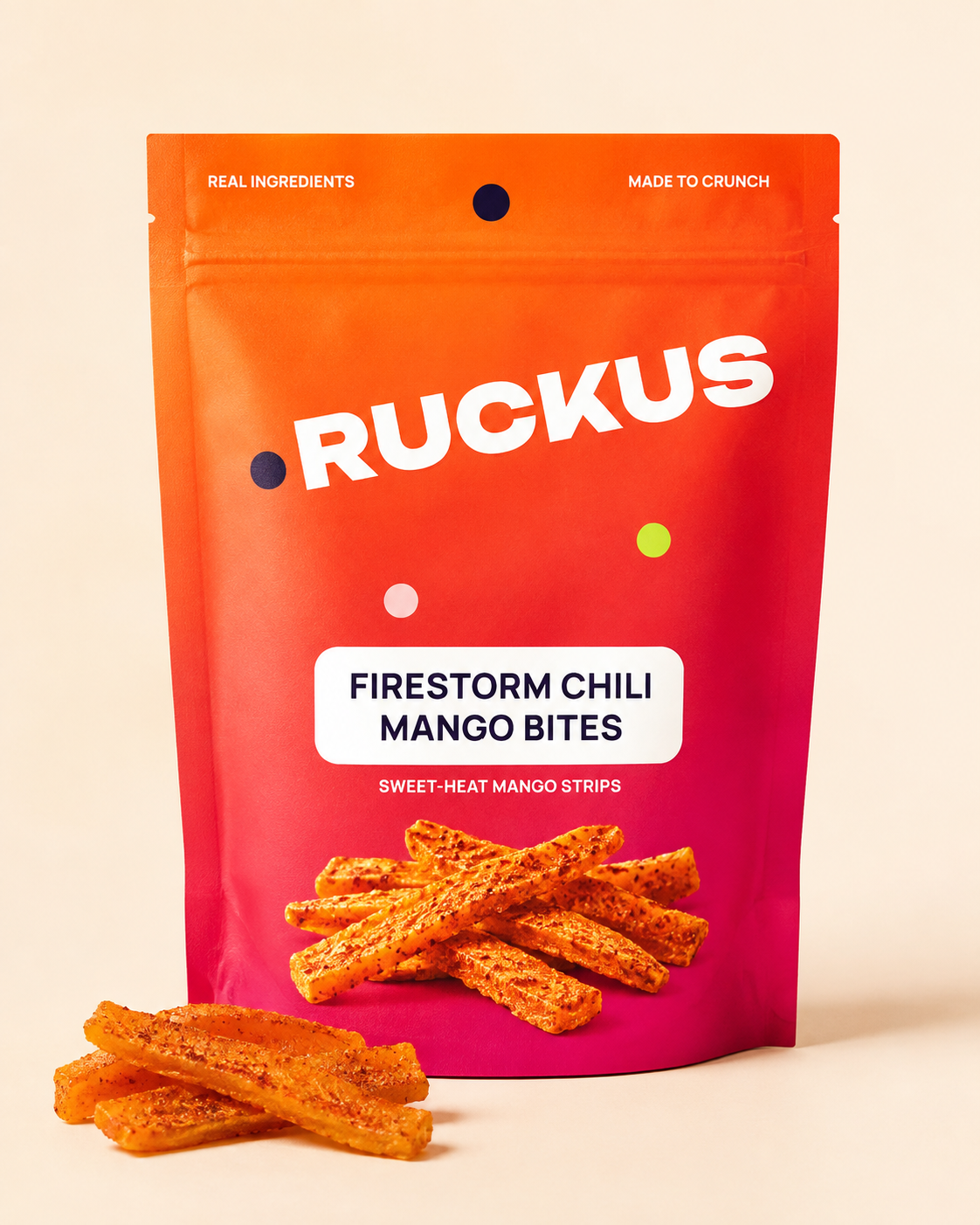 RUCKUS Firestorm Chili Mango Bites™ – Sweet & Spicy Mango Strips